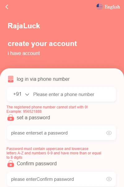 Raja Luck registration page